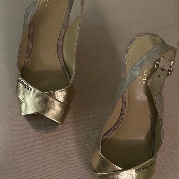 Coach Signsture Tan & Metallic Gold Cork Platform Wedge Sandal - Picture 2 of 3